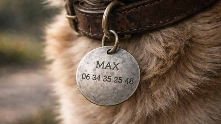 Gros plan sur une médaille chien gravée : lisibilité du numéro de téléphone